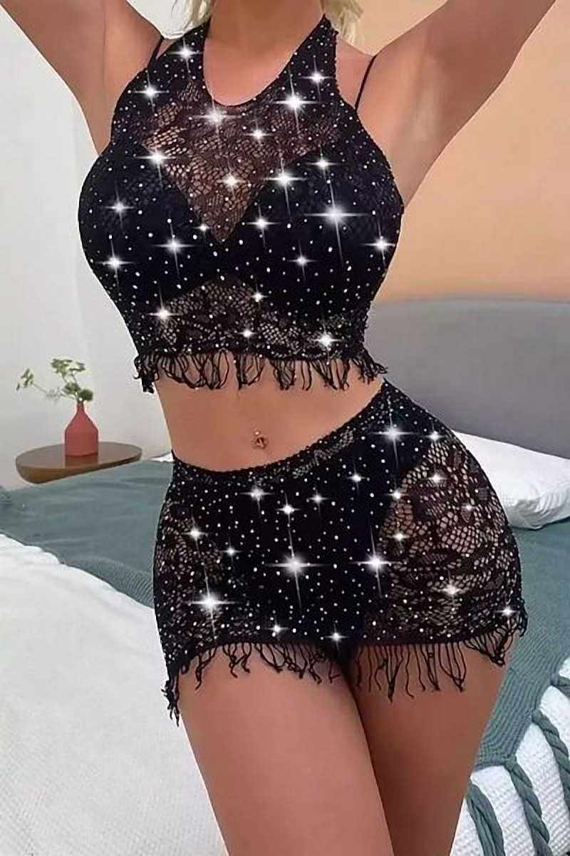 Taşlı Vücut Çorabı Siyah