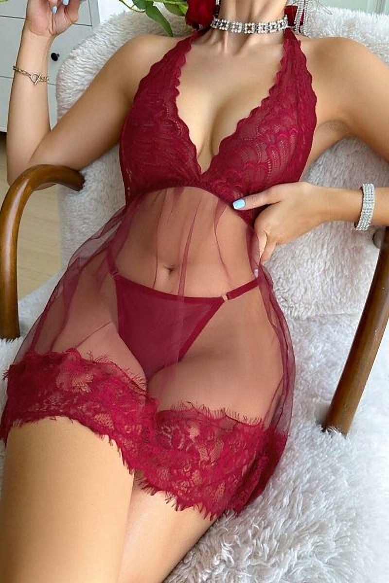 Boyundan Bağlamalı Fantazi Gecelik Bordo