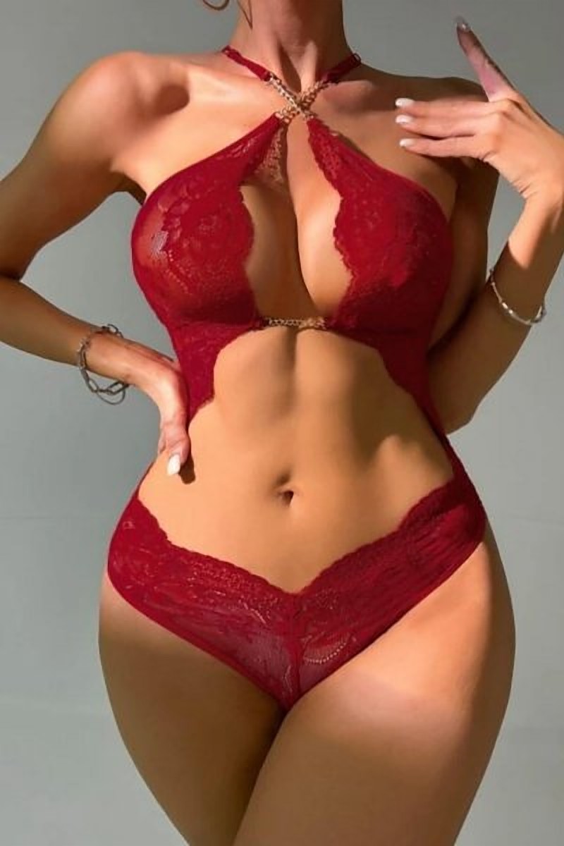 Boyundan Askılı Zincirli Dantel Bodysuit Bordo