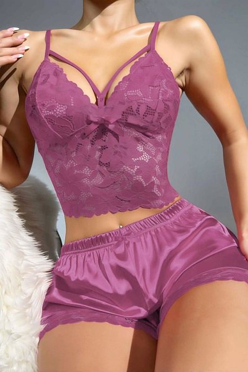 Dantelli Saten Şortlu Büstiyer Takım Mor